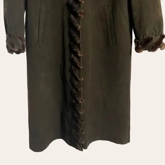 Vintage Oberstoff Brown Faux Suede Faux Fur Trim Long Coat Women's Size 10